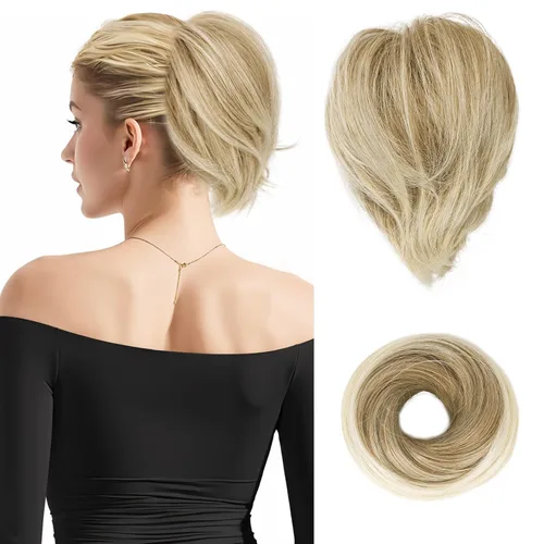 Vista 19 de BARSDAR Extensiones de Moño de Cabello Liso - Extensiones de Moño de Cola de Caballo Corta y Lisa para Mujeres, Coleteros de Moño de Cabello
