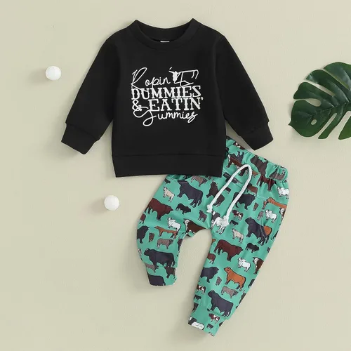 Vista 2 de Conjunto de 2 piezas de sudadera con cuello redondo y estampado de vaca para bebé niño y niña, conjunto de ropa de otoño e invierno