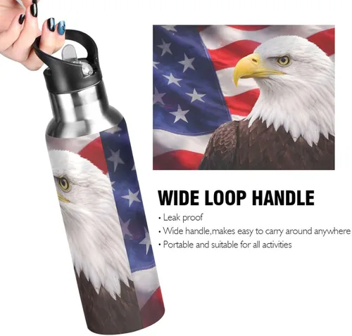 Vista 4 de Bald Eagle - Botella de agua con la bandera estadounidense para niños, termo con tapa con pajilla, termo de acero inoxidable aislado a prueba