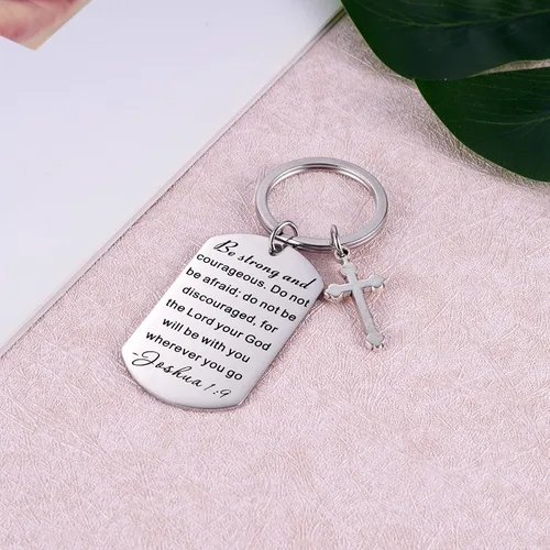 Vista 3 de Llavero con versículo de la Biblia, regalo de las Escrituras 19, regalo cristiano para hombres y mujeres, llavero de cruz, sé fuerte y valiente
