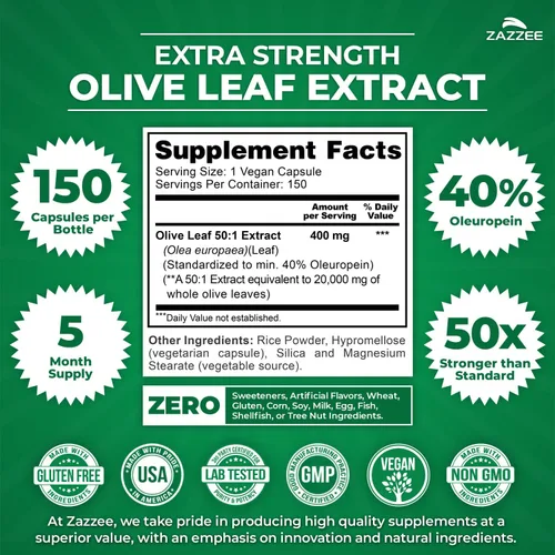 Vista 2 de Zazzee Extracto de hoja de olivo extra fuerte 50:1, 40% de oleuropeína, 150 cápsulas veganas, suministro para 5 meses, Olea Europaea, fuente