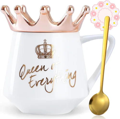 Vista 16 de Arawat Queen of Everything - Taza con tapa, taza negra dulce con corona de café, taza de 12 onzas, regalo con cuchara y posavasos, taza de té