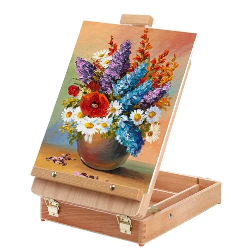 Vista 6 de DEAYOU Caja de almacenamiento de caballete de mesa de madera, caja de bocetos portátil de madera de haya para pintar, funda de caballete de madera