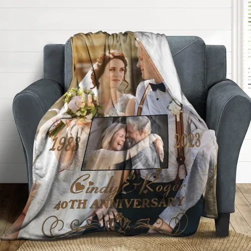 Vista 2 de Manta de aniversario de boda personalizada, regalos para él, esposa, marido, manta de fotos personalizada con nombre y fecha, regalo de matrimonio