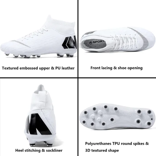 Vista 4 de UYO Tacos de fútbol para hombre con picos antideslizantes altos, tobillos, para interiores y exteriores, césped firme para césped atlético, zapatos