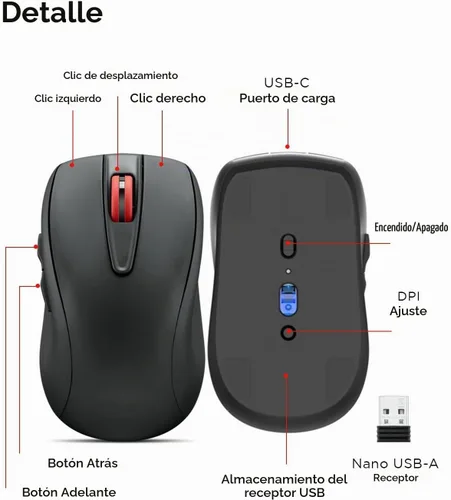 Vista 7 de Lenovo Ratón recargable USB-C silencioso (WL500) - Botones silenciosos, recargable USB-C, agarre ambidiestro, DPI ajustable - Receptor