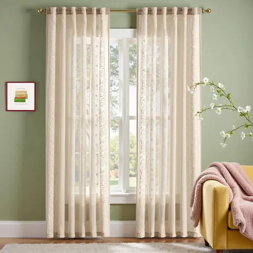 Vista 29 de jinchan Cortinas de lino floral marfil para sala de estar 84" pestaña