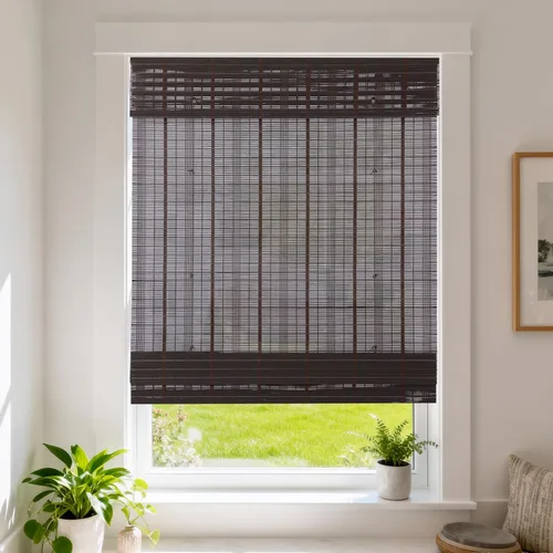 Vista 15 de Cortinas Letau de madera, estilo romano, para ventanas, con cenefa, filtran la luz Marrón almendra