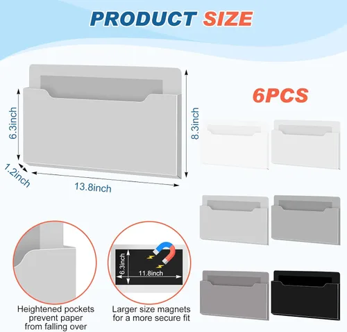Vista 2 de Fuutreo Organizador magnético de archivos de pared, 6 unidades, soporte magnético para archivos de pared, frigorífico, revistas, papel para cartas