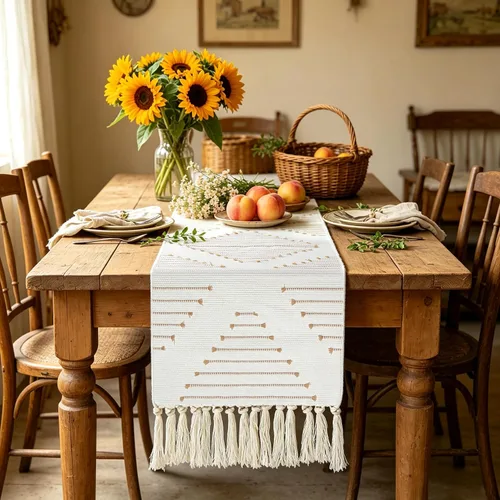 Vista 5 de Camino de mesa de otoño con borlas, camino de mesa tejido bohemio color crema para decoración de otoño de Acción de Gracias, camino de mesa auxiliar