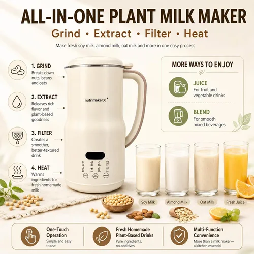 Vista 2 de Licuadora automática para leche de nueces 8 en 1, 40.6 oz, leches caseras de almendra, avena, coco, soja, a base de plantas y sin lácteos, máquina