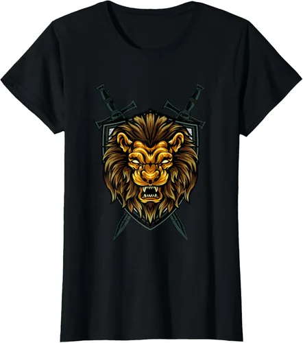 Vista 31 de Camiseta con diseño de caballero medieval renacentista, con diseño de espada de león, Negro, S