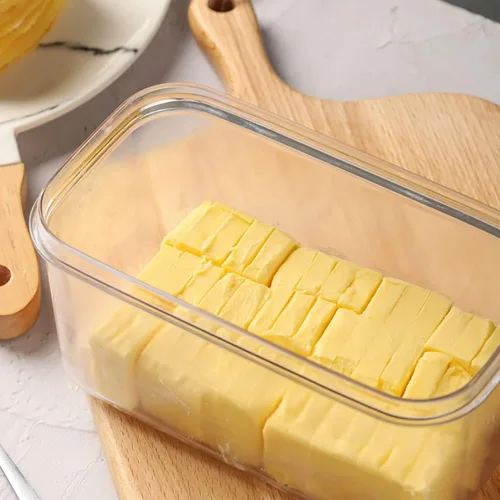 Vista 3 de Caja cortadora de mantequilla, plato de mantequilla de plástico con tapa, cortador de mantequilla de acero inoxidable, recipiente rectangular