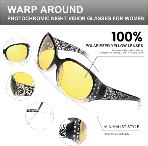 Vista 13 de LVIOE Gafas de conducción de visión nocturna envolventes antirreflejos con lente amarilla polarizada para mujer