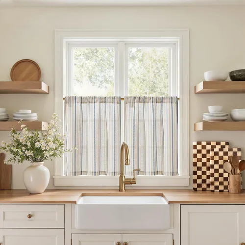 Vista 30 de Jinchan - Cortinas de lino a rayas para cocina, 24 pulgadas, beige, 2