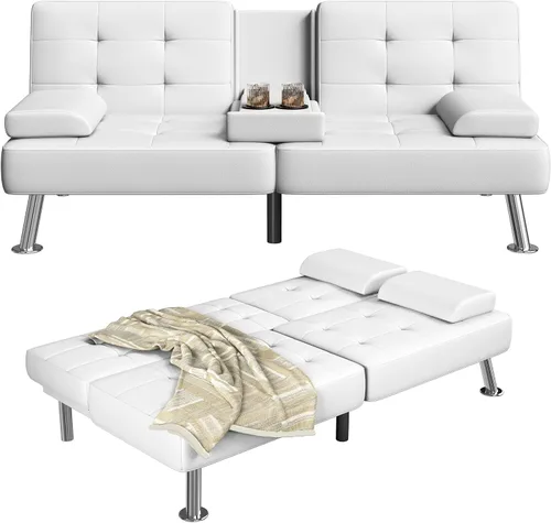 Vista 10 de Furmax Sofá Cama Futón Ajustable Sofá Cama Futón Sleeper para Sala de Estar, Oficina de Negocios, Sofás Reclinables con Portavasos (Cuero PU, Negro)