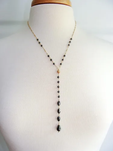 Vista 4 de Long gold hematite Y necklace, lariat, elegant slim statement piece, adjustable length, long drop, handmade