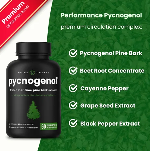 Vista 2 de NutraChamps Pycnogenol Extracto de corteza de pino marítimo francés, complejo de circulación premium, flujo sanguíneo, producción de óxido nítrico