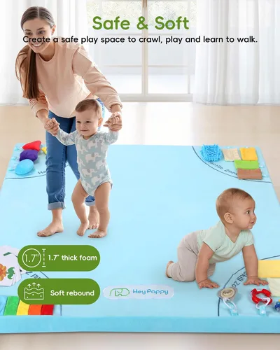 Vista 6 de Alfombra de juego para bebé, alfombrillas únicas para gatear con 4 zonas de desarrollo sensorial para habilidades motoras, alfombrillas de 50 x 50