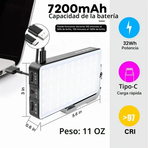 Vista 2 de IVISII Luz de cámara RGB de bolsillo G2, batería recargable integrada de 7200 mAh 360°, gama a todo color, 9 efectos de luz, panel de luz de video