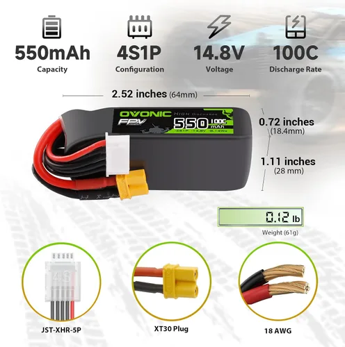 Vista 2 de OVONIC Batería Lipo de 14.8V 100C 550mAh 4S con enchufe XT30