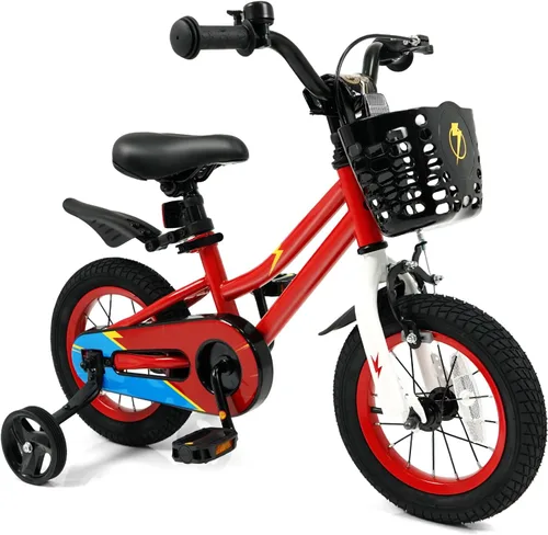 Vista 21 de HONEY JOY Bicicleta para niños, 12, 14, 16, 18, 20 pulgadas, con ruedas de entrenamiento y freno de mano, marco de acero, cadena totalmente cerrada