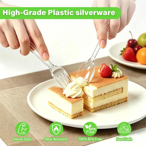 Vista 3 de 100 Count Extra Heavy Duty Clear Plastic Forks and Spoons Set