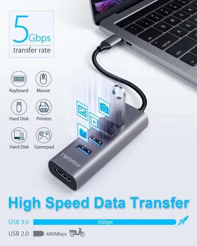 Vista 3 de TWOPAN Hub USB-C con HDMI 4K, 4 puertos USB 3.0, transferencia de datos de 5 Gbps - Adaptador de aluminio ultracompacto para MacBook, iPad Pro, XPS