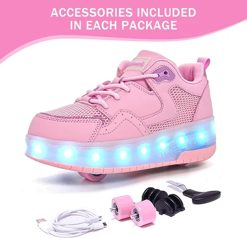 Vista 2 de Wooowyet - Tenis con ruedas y luces LED para niños y niñas, con ruedas, USB recargable, cierre de gancho y bucle
