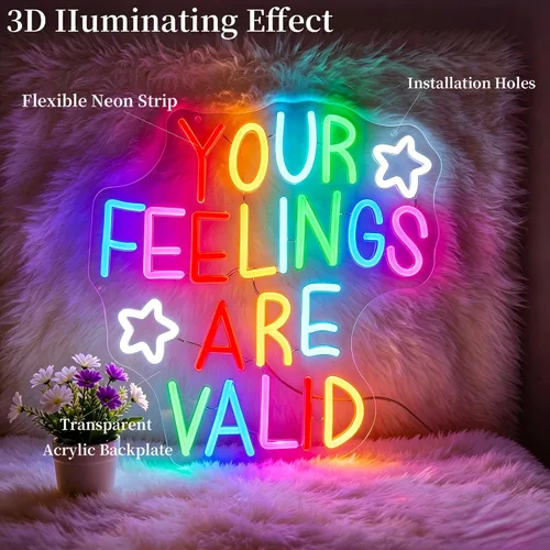 Vista 7 de Letrero de neón para decoración de pared, regulable con texto en inglés "Your Feelings Are Valid", luces de neón LED, letreros iluminados