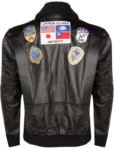 Vista 3 de Chaqueta bomber de piel de vuelo Air Force A2 para hombre con cuello de oveja y parches Negro