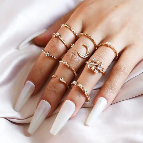 Vista 4 de INENIMARTJ Anillos apilables de nudillos bohemios para adolescentes, para mujer, múltiples anillos apilables de perlas de diamantes de imitación