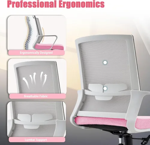Vista 6 de Silla de oficina ergonómicamente diseñada con respaldo de malla transpirable y soporte lumbar, altura ajustable, adecuada para oficinas, hogares