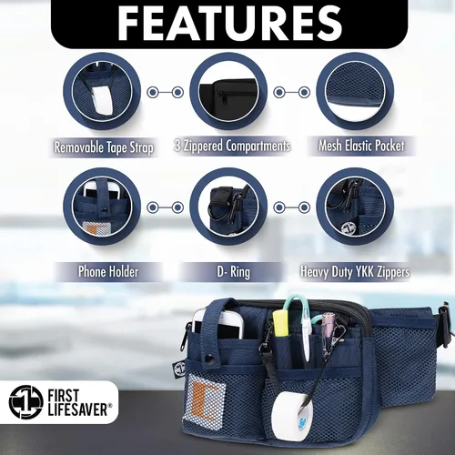 Vista 2 de First Lifesaver Riñonera para enfermera con múltiples compartimentos y soporte para cinta, Azul Marino, L, Riñonera
