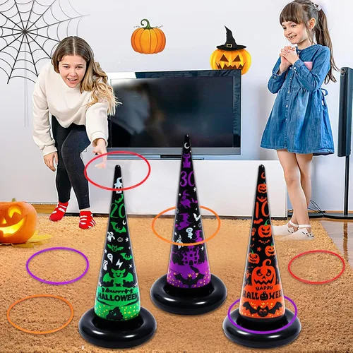 Vista 5 de Juegos de fiesta de Halloween, sombrero de bruja inflable, juegos de lanzamiento de anillos para niños y adultos, familia, juguetes y decoraciones