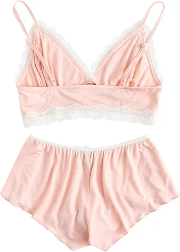 Vista 8 de SweatyRocks - Conjunto de ropa interior de lencería con borde de encaje, bralette con tirantes y calzón para mujer Rosa (Lace pink)
