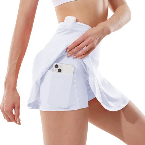 Vista 4 de Husnainna Falda de tenis plisada de cintura alta para mujer, pantalones cortos integrados con 5 bolsillos, faldas de golf, falda pantalón