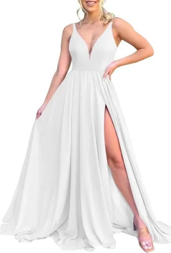 Vista 38 de Vestidos largos de dama de honor para mujer, con abertura, cuello en V, vestido de fiesta formal para boda