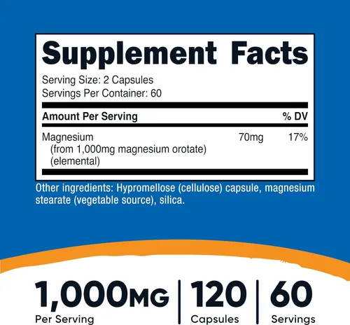Vista 2 de Nutricost Cápsulas de orotato de magnesio 1000 mg, 120 cápsulas - 60 porciones, 500 mg por cápsula, sin OMG, sin gluten