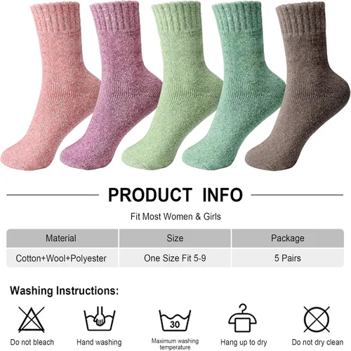 Vista 3 de ICEIVY 5 pares de calcetines de lana para mujer, cálidos, de algodón, gruesos, estilo vintage, casual, para invierno, de cabina, calcetines de tripa