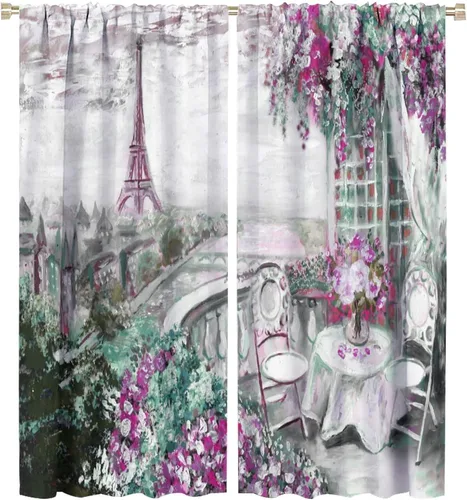 Vista 18 de Cortinas de la Torre Eiffel de París, pintura al óleo, flores moradas, torres de ciudad, con bolsillo para barra, cortinas de ventana
