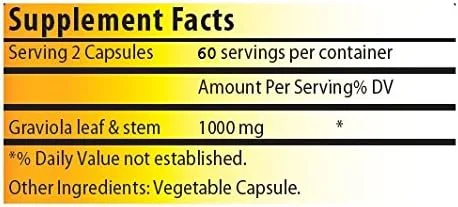 Vista 2 de Graviola pura Annona Muricata, porción de 1000 mg, 120 cápsulas vegetales