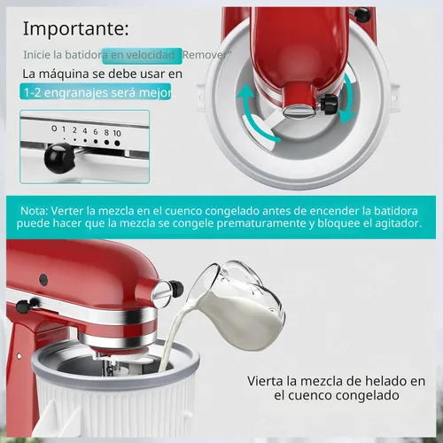Vista 4 de Accesorio para máquina de helados para batidora de pie KitchenAid, tazón para helados compatible con batidoras de pie de 4.5 cuartos de galón y más