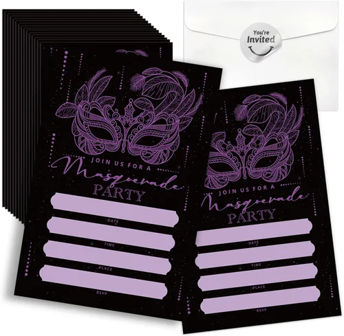 Vista 8 de Invitaciones para fiesta de máscaras, invitaciones de fiesta de Mardi Gras, 15 tarjetas y sobres, diseño floral moderno, unisex, adultos, ocasión