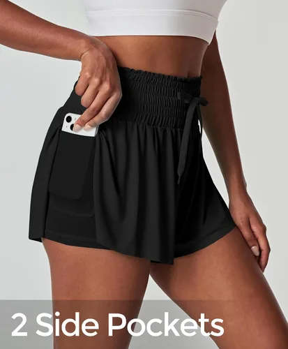 Vista 2 de IUGA Pantalones cortos deportivos para mujer, de cintura alta, con diseño de mariposa, con vuelo, para correr, entrenamiento, tenis, con bolsillos