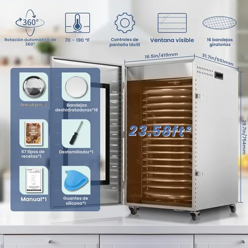 Vista 2 de Rotary Commercial Food-Dehydrator 16 Trays Meat Dryer for Fruit Jerky 1500W