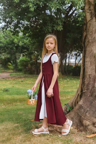 Vista 11 de Scarlet Darkness Vestido renacentista para niñas, disfraz de princesa medieval de dos piezas, 7-14 años
