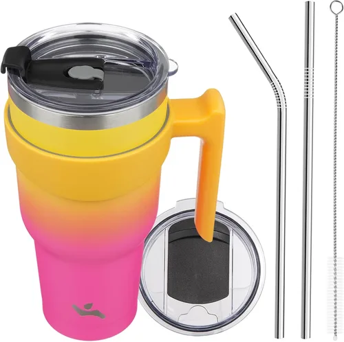Vista 45 de Konokyo - Vaso de 10 onzas con asa y 2 popotes, 2 tapas, botella de agua aislada de acero inoxidable, taza de viaje reutilizable, color verde militar