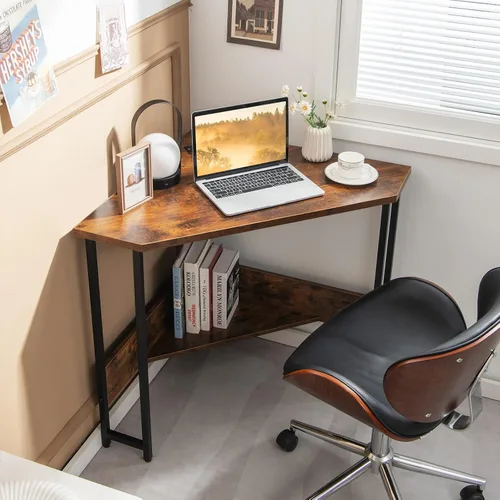 Vista 2 de GOFLAME Escritorio esquinero con toma de corriente, escritorio triangular para computadora para espacio pequeño, escritorio de escritura que ahorra