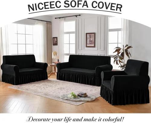 Vista 6 de NICEEC Funda para sofá biplaza gruesa de felpa de 1 pieza, funda negra cálida para sofá biplaza, funda elástica y esponjosa para sala de estar